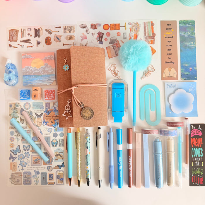Warm Beige & Baby Blue Stationery Gift Bundle | Journal, Pens, Stickers & Accessories