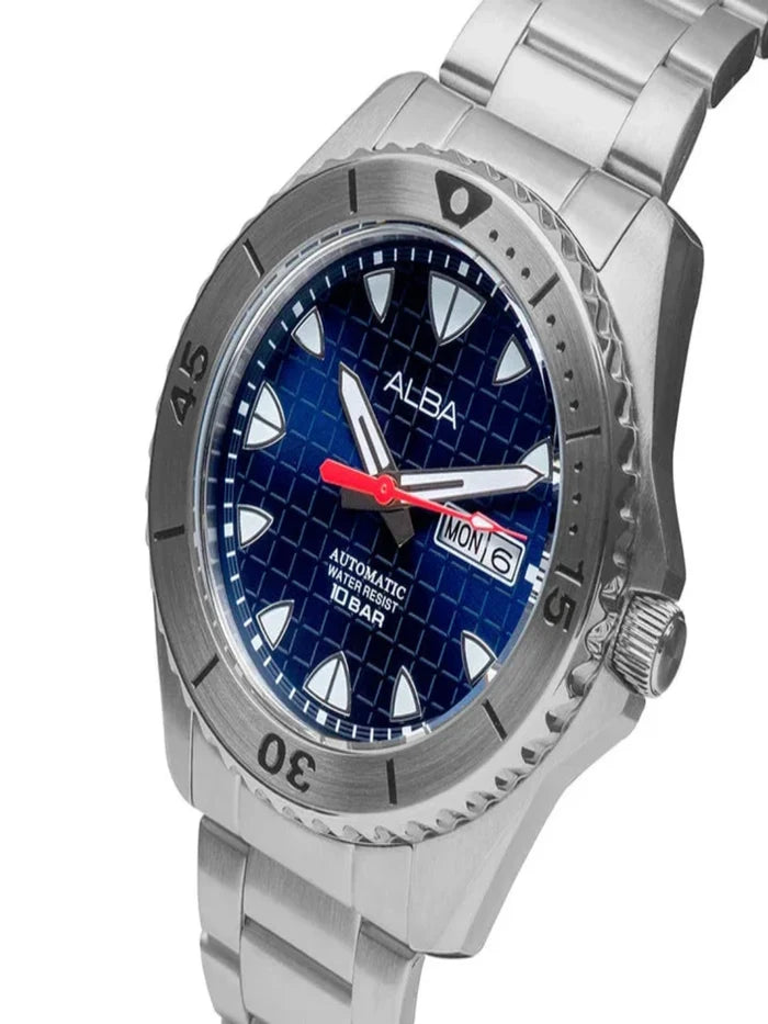 Alba Round Blue Dial Automatic Chronograph Watch With Day & Date Display & Silver Strap - AL4579X1