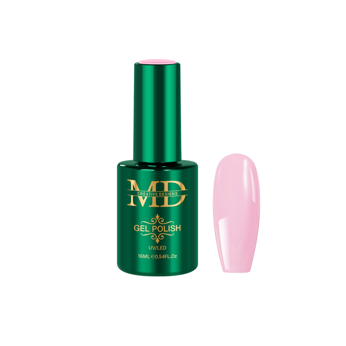 Green gel polish bottle with pink nail tip color swatch on a white background