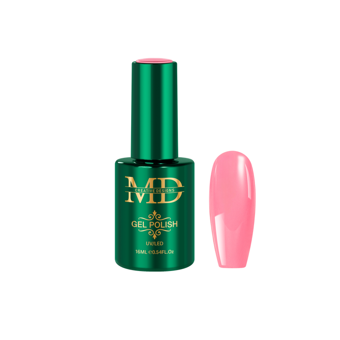 Green gel polish bottle with pink nail tip color swatch on a white background