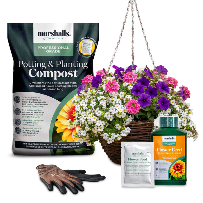 Gardening supplies including potting compost, gloves, and flower feed with a hanging basket of flowers on a white background.