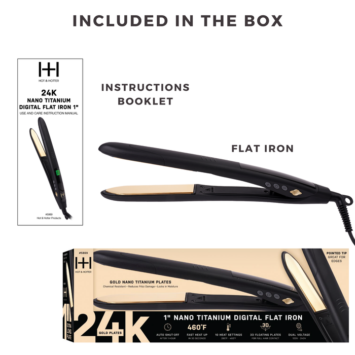 Hot & Hotter Digital Nano Titanium Flat Iron with Gold Plates 1 Inch, 1 Count, Black