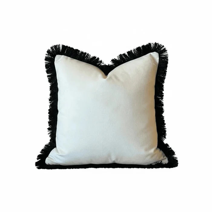 Melina Cream Velvet Cushion Cover with Black Fringe Detailing - 50x50cm Textiles