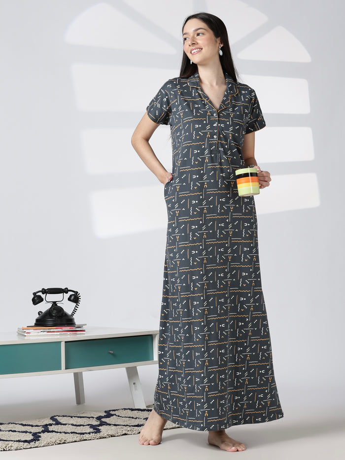 Premium front open nighty featuring a smart collar and a side pocket