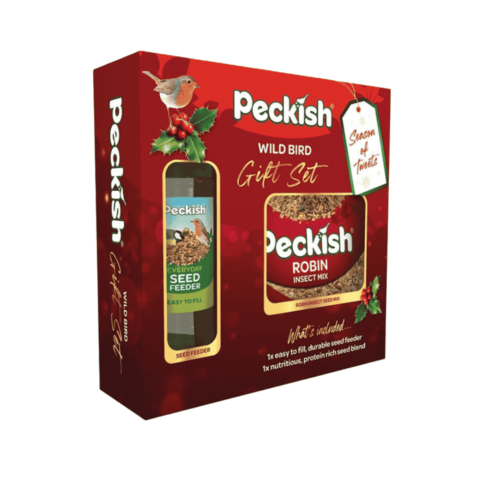 Peckish wild bird gift set packaging with seed feeder and insect mix on a white background