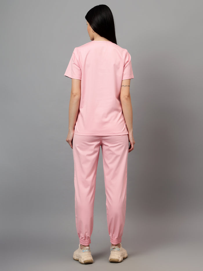 Stretchable (2Way) Women Powder Pink V-Neck With Jogger Scrub Set