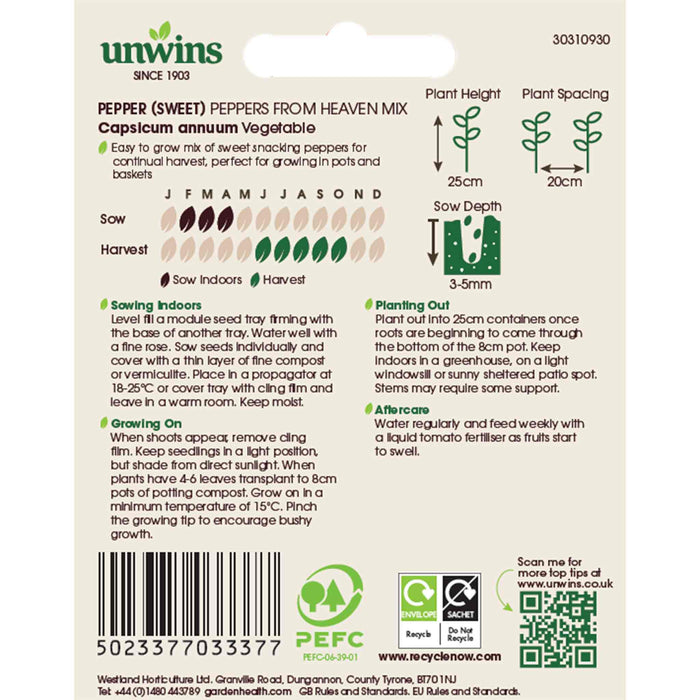 Unwins pepper seed packet with planting instructions and branding