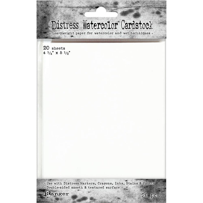 Tim Holtz - Distress Watercolor Cardstock - 20/Pkg - 4.25"X5.5". This cardstock is a versatile surface especially suited for most water coloring and mixed media techniques. Available at Embellish Away located in Bowmanville Ontario Canada.