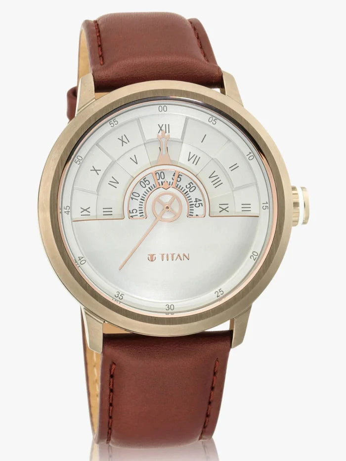 Titan Round White Dial Analog Watch With Brown Leather Strap - NQ1828QL02