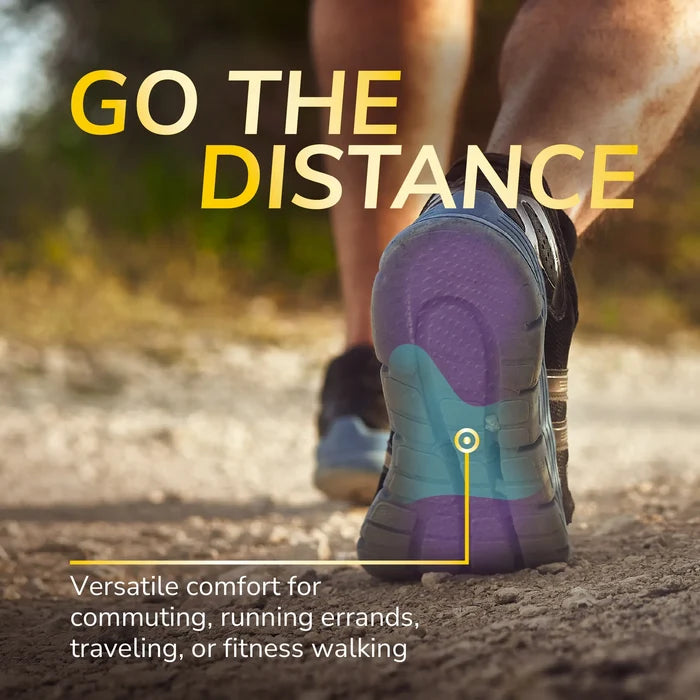 Walk Longer Insoles by DrScholls shown supporting a walking shoe on a trail for comfortable commuting running errands travel and fitness walking