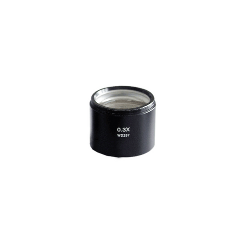 0.3X Auxiliary Objective Barlow Lens for SZ0501, SZ0502 Zoom Stereo Microscope, Screw Thread:M48x0.75mm, SKU SZ05014111, three quarter front view