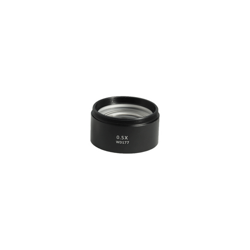 0.5X Auxiliary Objective Barlow Lens for SZ0501, SZ0502 Zoom Stereo Microscope, Screw Thread:M48x0.75mm, SKU SZ19024211, three quarter front view