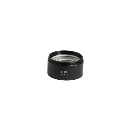 0.5X Auxiliary Objective Barlow Lens for SZ0501, SZ0502 Zoom Stereo Microscope, Screw Thread:M48x0.75mm, SKU SZ19024211, three quarter front view