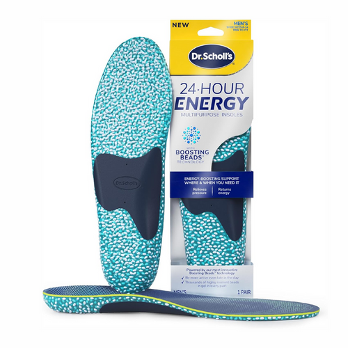 Dr. Scholl's 24-Hour Energy multipurpose insoles, blue speckled pair with packaging.