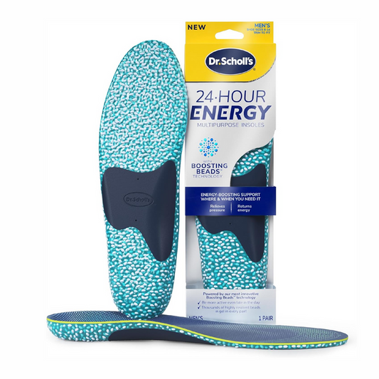 Dr. Scholl's 24-Hour Energy multipurpose insoles, blue speckled pair with packaging.