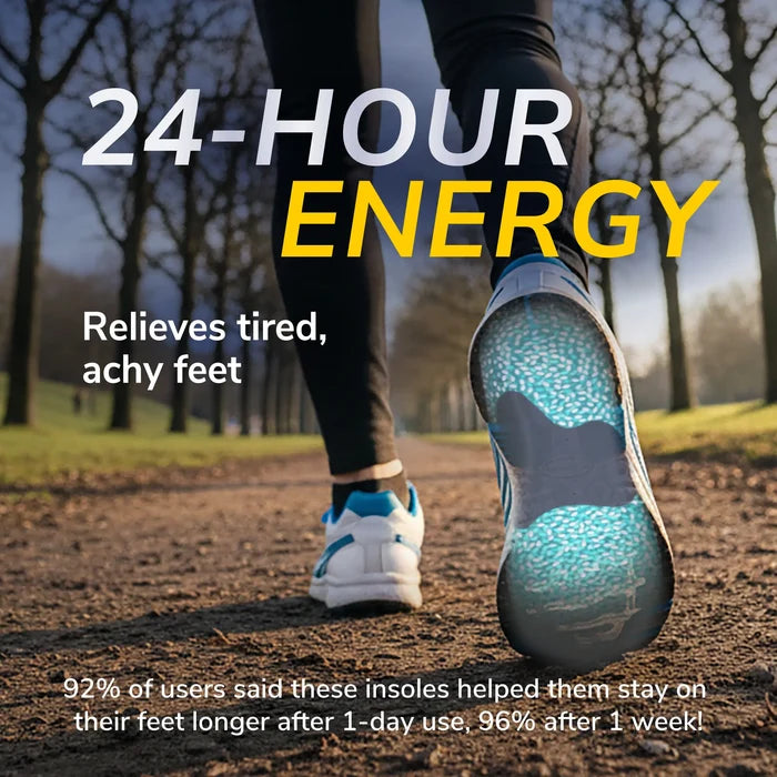 Blue speckled energy multipurpose insoles with arch support, in a running shoe.