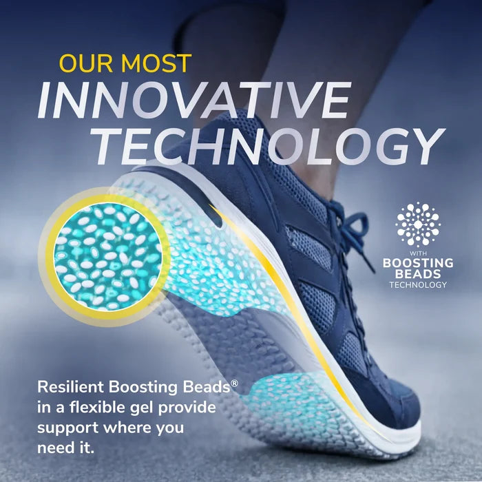 Close-up of turquoise boosting beads in Dr. Scholl's insole under athletic shoe