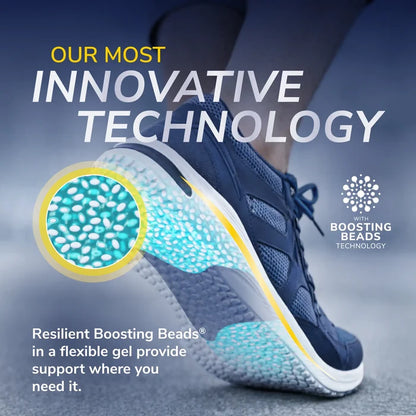 Close-up of turquoise boosting beads in Dr. Scholl's insole under athletic shoe