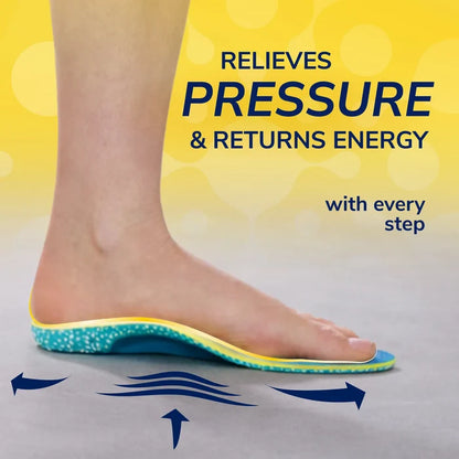 Bare foot wearing turquoise speckled Dr. Scholl's insole