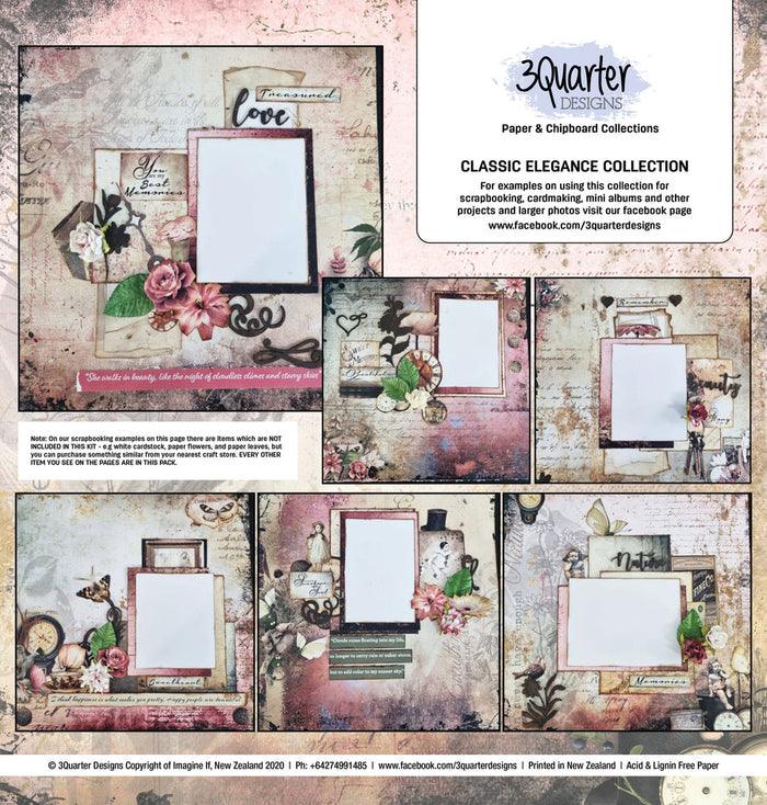 3Quarter Designs - Classic Elegance Collection. We have included on the back of each kit a series of photos showing a suggested scrapbooking ‘set of 6 layouts created from that particular collection – up to a 3/4 finished stage (thus the name).Available at Embellish Away located in Bowmanville Ontario Canada.