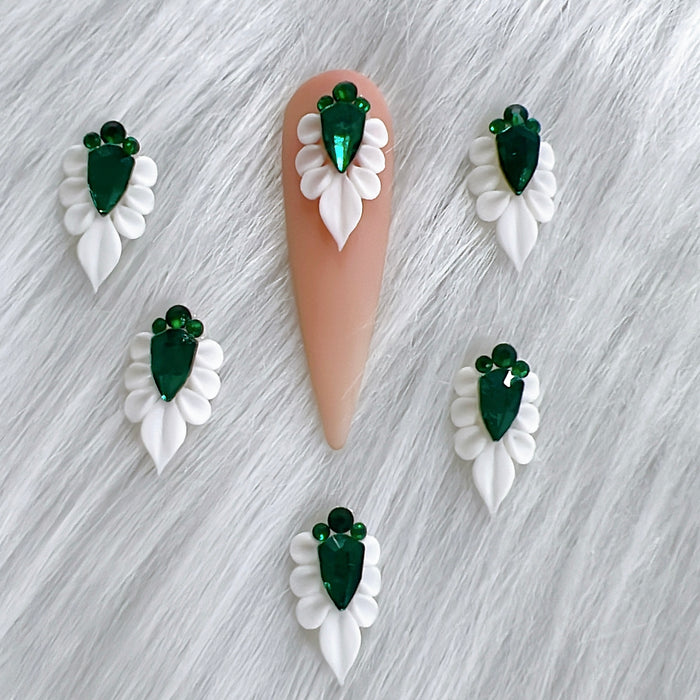 4 Pieces White 3D Acrylic Nail Flower with Emerald Green Crystal