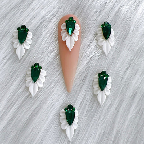 4 Pieces White 3D Acrylic Nail Flower with Emerald Green Crystal