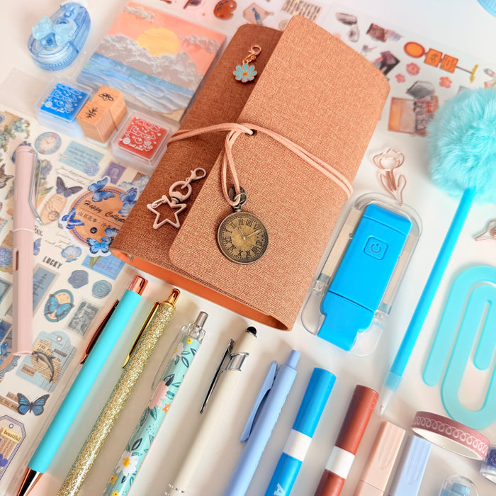 Warm Beige & Baby Blue Stationery Gift Bundle | Journal, Pens, Stickers & Accessories