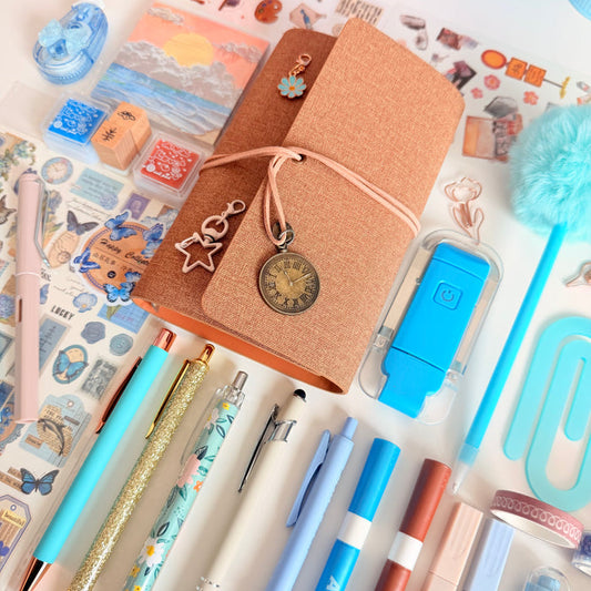 Warm Beige & Baby Blue Stationery Gift Bundle | Journal, Pens, Stickers & Accessories