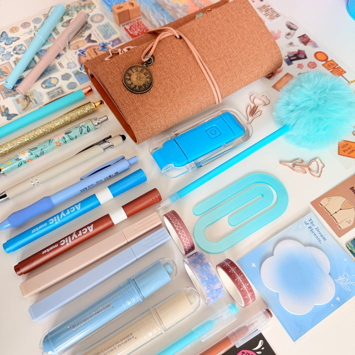 Warm Beige & Baby Blue Stationery Gift Bundle | Journal, Pens, Stickers & Accessories