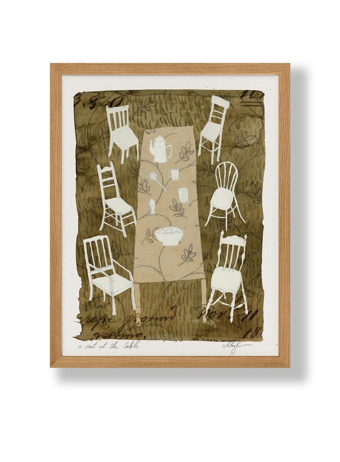 Framed art print with outline chairs on olive green textured background, white border