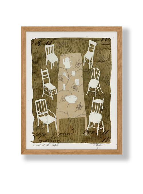 Framed art print with outline chairs on olive green textured background, white border