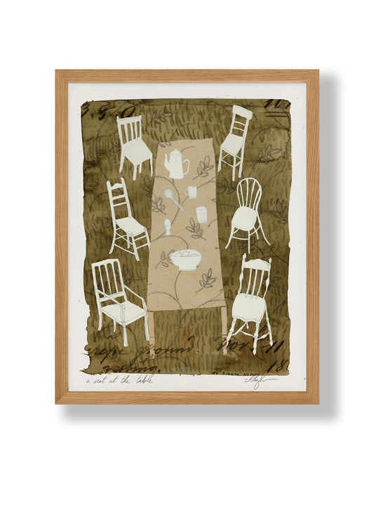 Framed art print with outline chairs on olive green textured background, white border