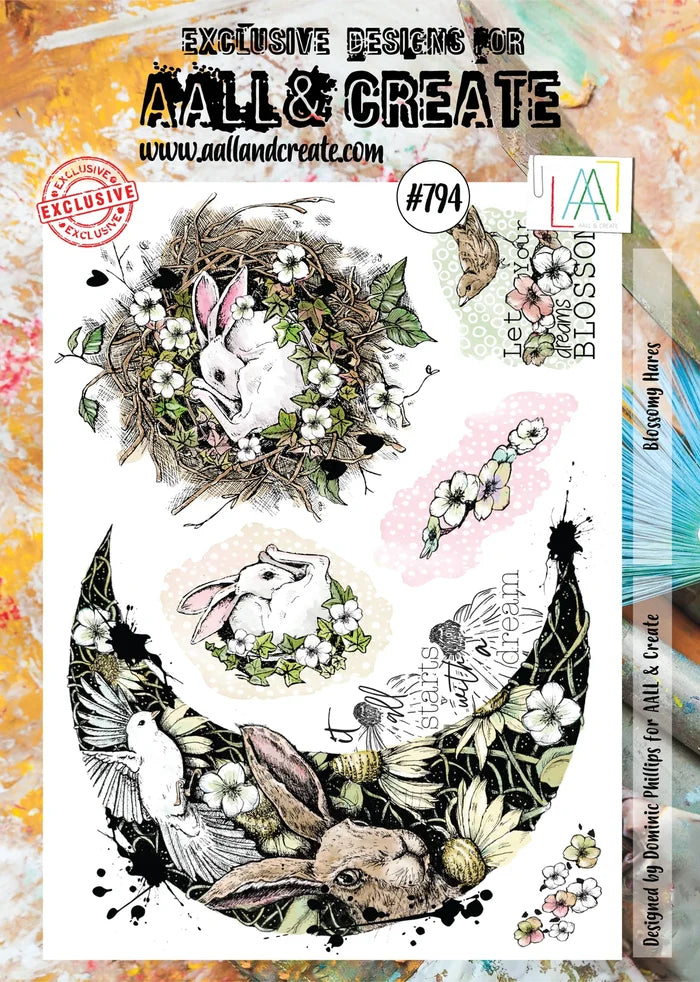 AALL and Create Stamp Set - 794 - Blossomy Hares. Size: 20.5 cmx29.2cm | 8"x11.5". Available at Embellish Away located in Bowmanville Ontario Canada.