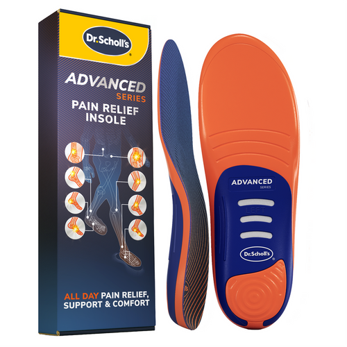 Dr. Scholl's Advanced Series pain relief insoles with blue top and orange base.
