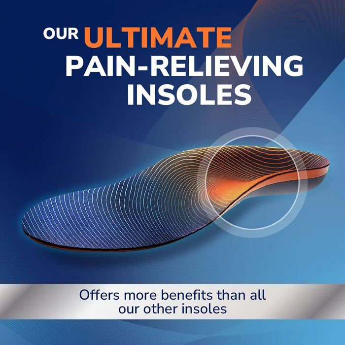 Blue striped pain relief insole with contoured heel and arch support