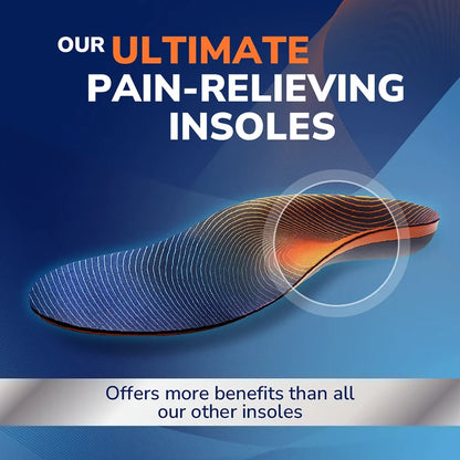 Blue striped pain relief insole with contoured heel and arch support