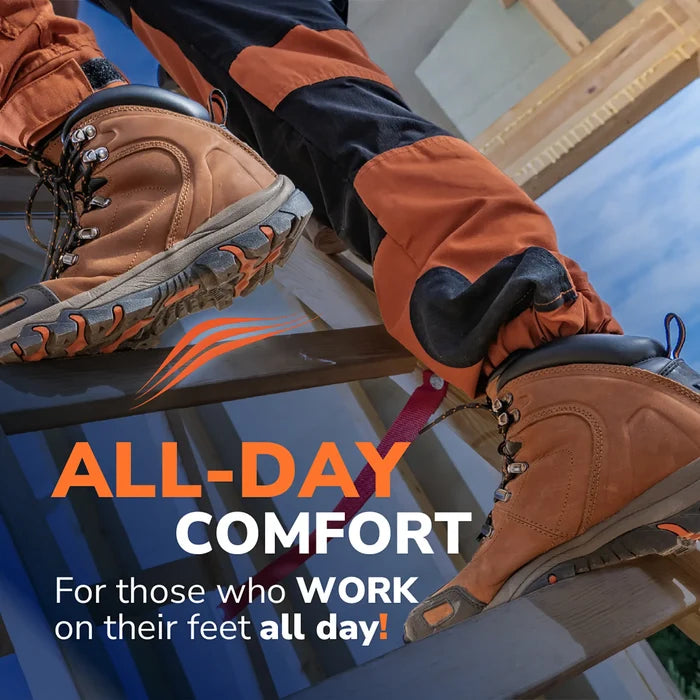 Pain relief insole in tan leather work boots with orange comfort cushioning lines