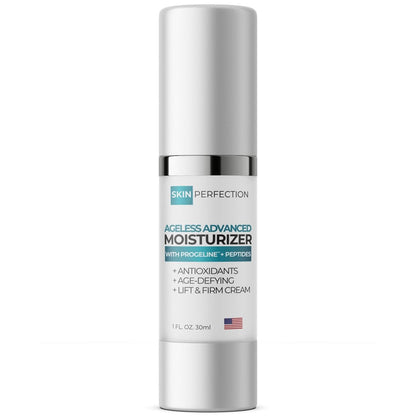 Ageless Advanced Peptide Moisturizer jar labeled Matrixyl Synthe6 Syn-Coll DMAE paraben free filler free made in USA