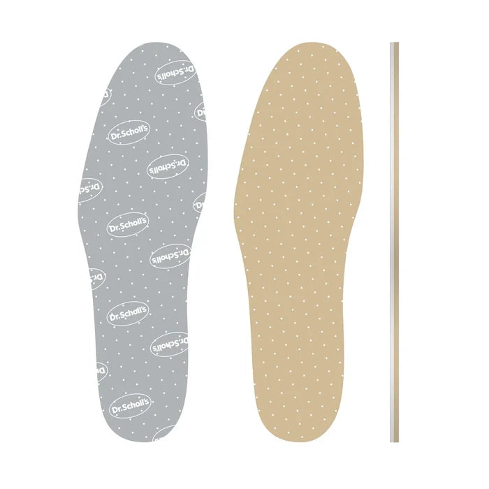 Memory foam insoles pair shown: gray and beige top view with cushioned arch shape.