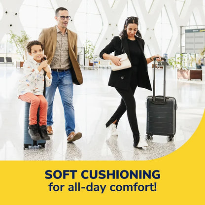 Memory foam insoles featured in an all-day comfort travel lifestyle scene.
