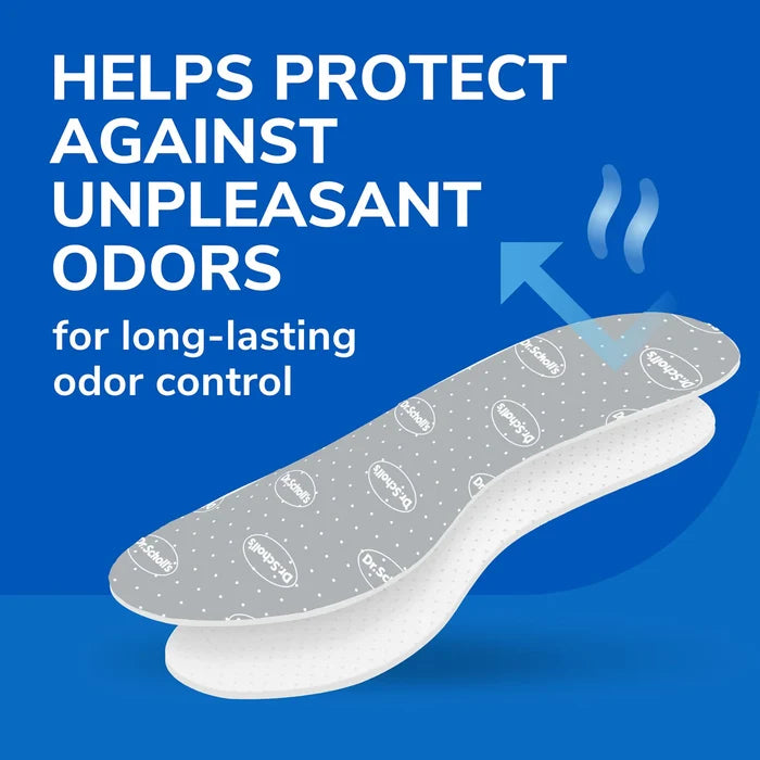 Gray memory foam insole with dotted pattern and odor-control airflow graphic.