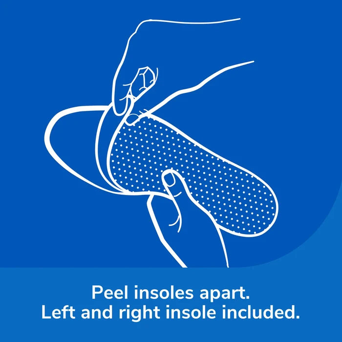 Memory foam insoles shown separated left and right in a line-art graphic.
