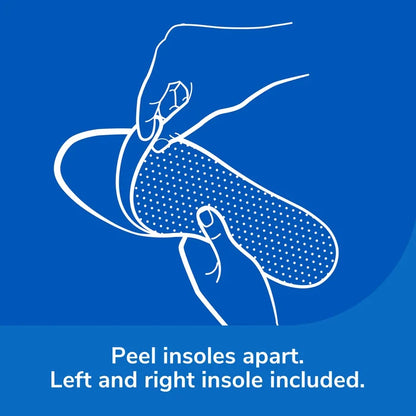 Memory foam insoles shown separated left and right in a line-art graphic.