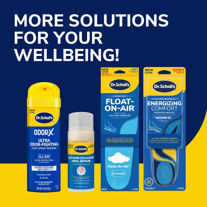 Dr. Scholl's insole products lineup display on a blue background.