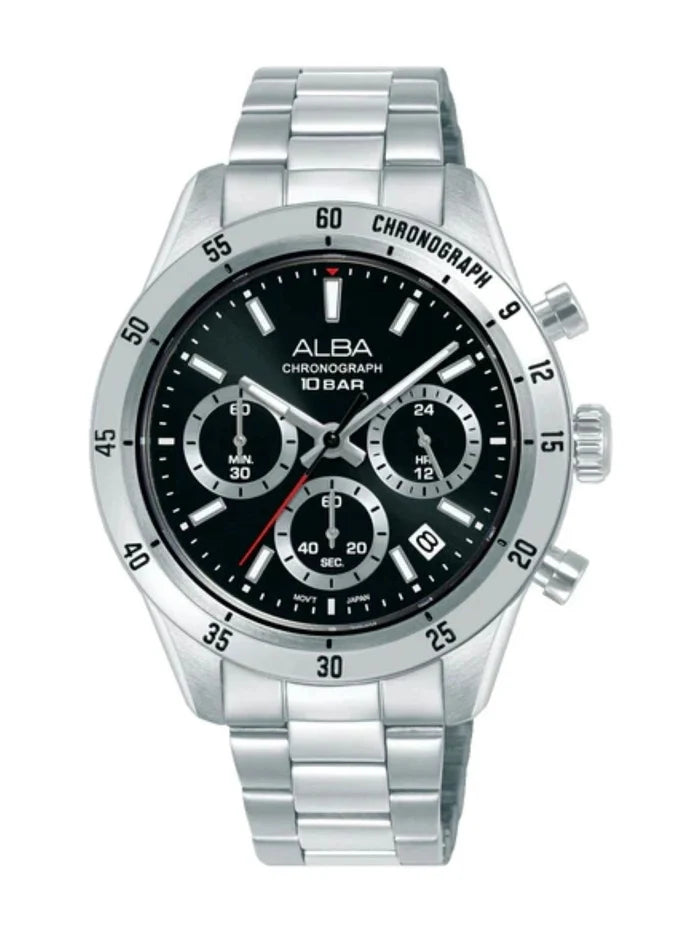 Alba Round Black Dial Analog Watch With Chronograph Display & Metal Strap - AT3L27X1