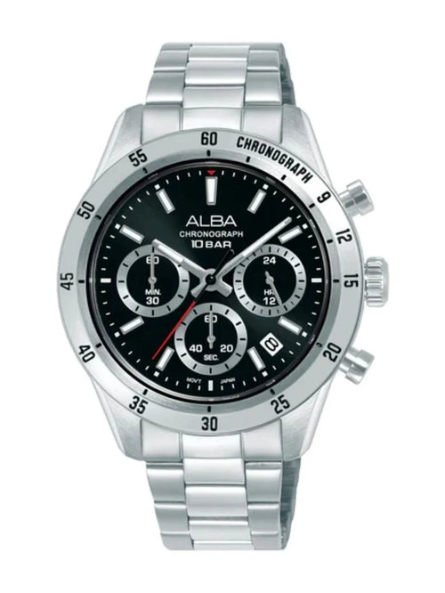 Alba Round Black Dial Analog Watch With Chronograph Display & Metal Strap - AT3L27X1