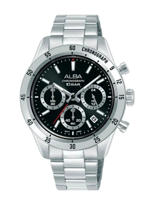 Alba Round Black Dial Analog Watch With Chronograph Display & Metal Strap - AT3L27X1