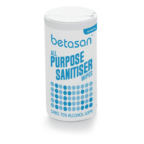 Container of Betasan all-purpose sanitiser wipes on a white background