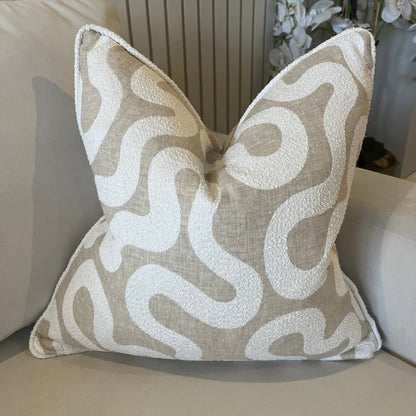 Amberlyn Luxury Beige & Cream Boucle Squiggle Piped Feather Filled Cushion - 50x50cm Textiles