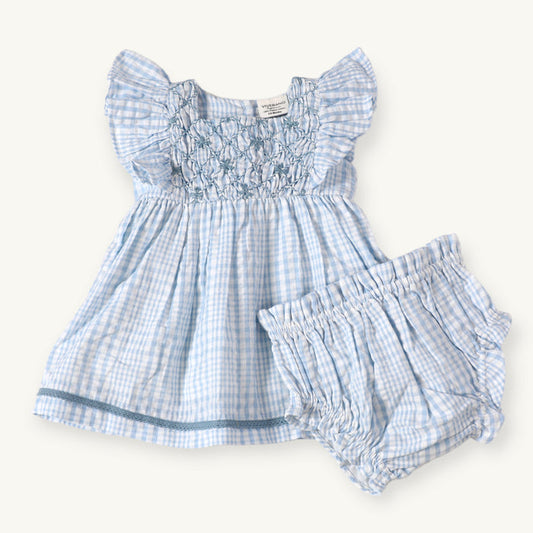 Anna Hand Smocked Seersucker Baby Dress+Bloomer (Organic Cotton)